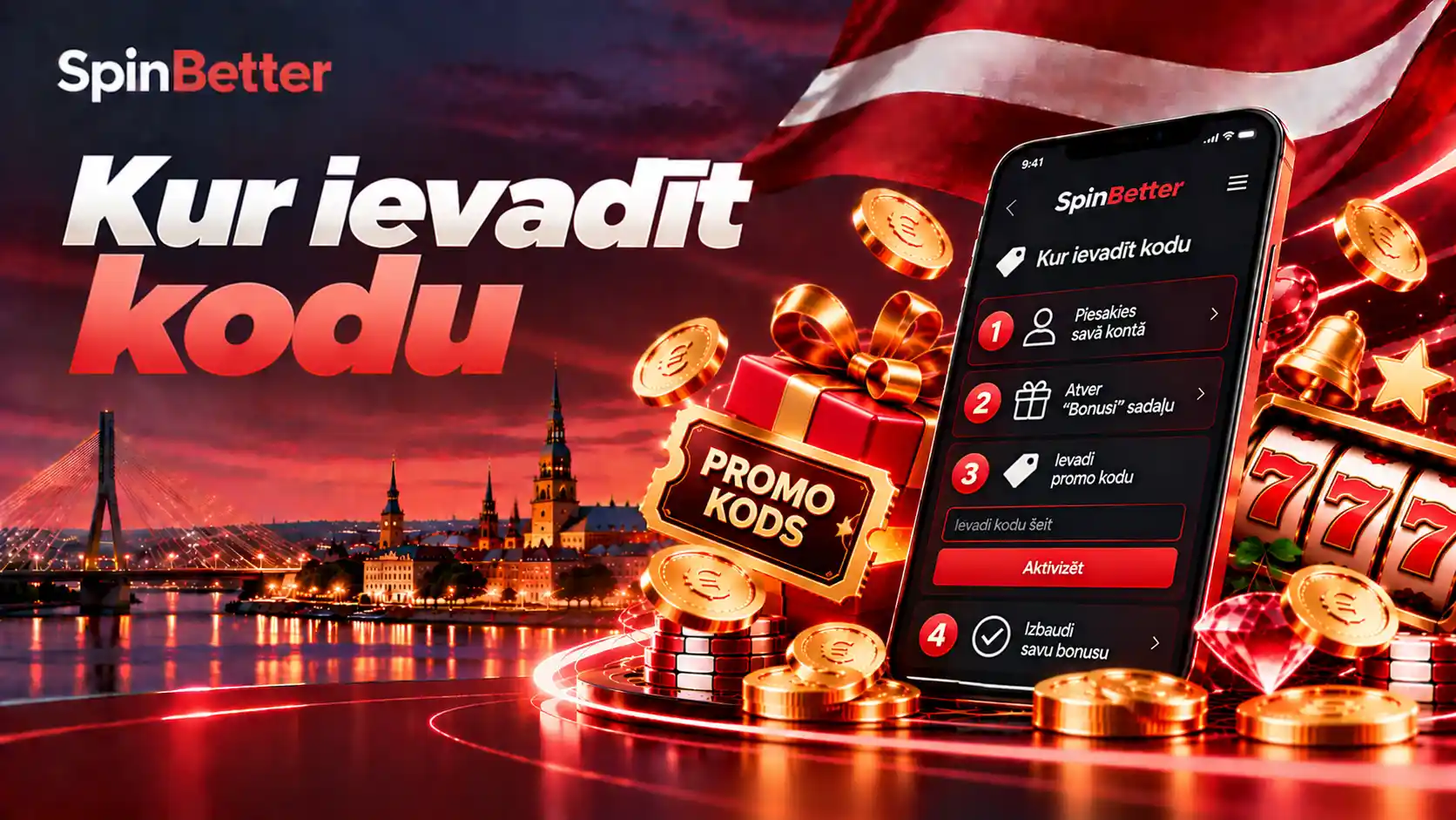 Četri soļi promo koda ievadei: pieteikšanās, sadaļa Bonusi, koda lauks un aktivizēšana