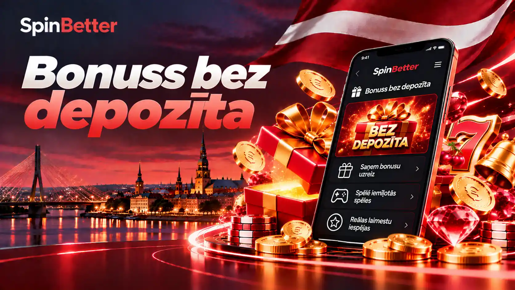 Bonusa bez depozīta ekrāns mobilajā lietotnē ar dāvanu kasti un trim iespējām
