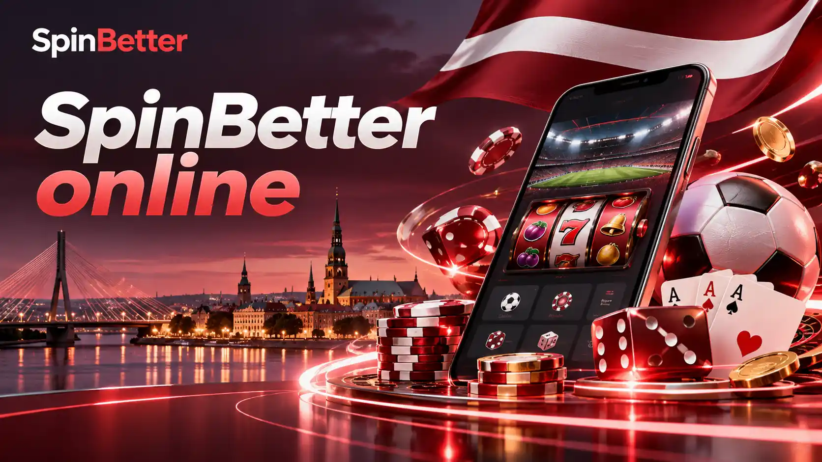 SpinBetter online baneris ar Rīgas panorāmu, telefonu un kazino simboliem