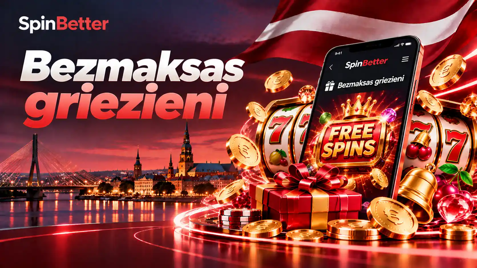 Bezmaksas griezienu ekrāns mobilajā lietotnē ar uzrakstu Free Spins un dāvanu kasti