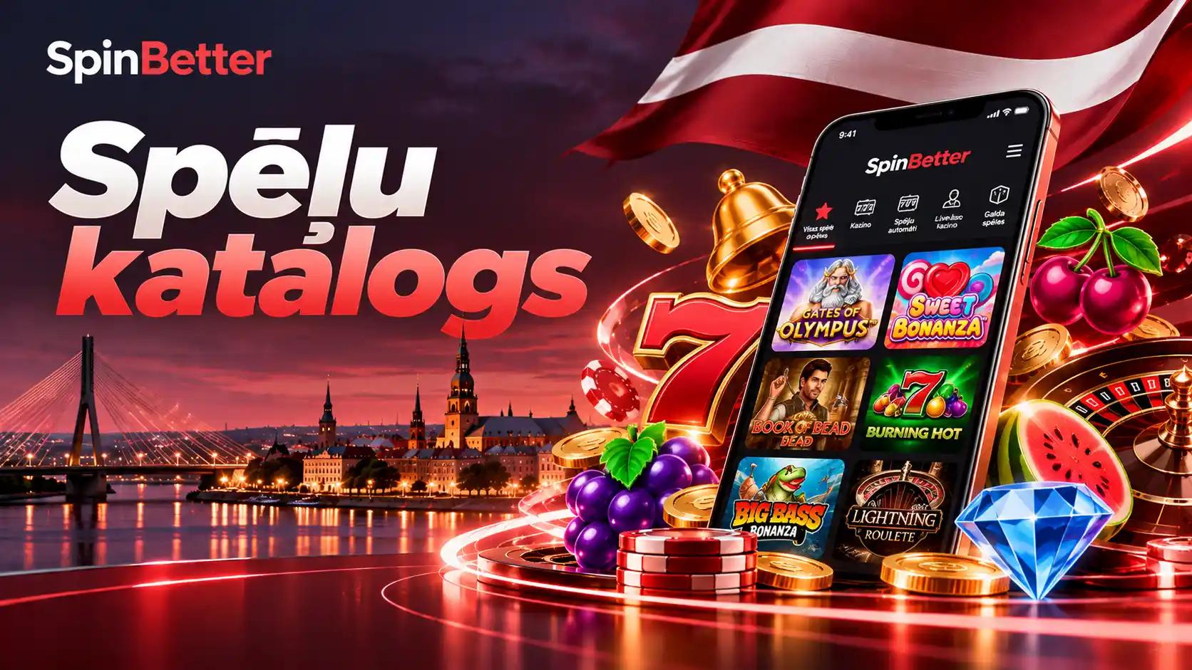 Spēļu katalogs mobilajā ekrānā ar Gates of Olympus, Sweet Bonanza, Book of Dead un Lightning Roulette